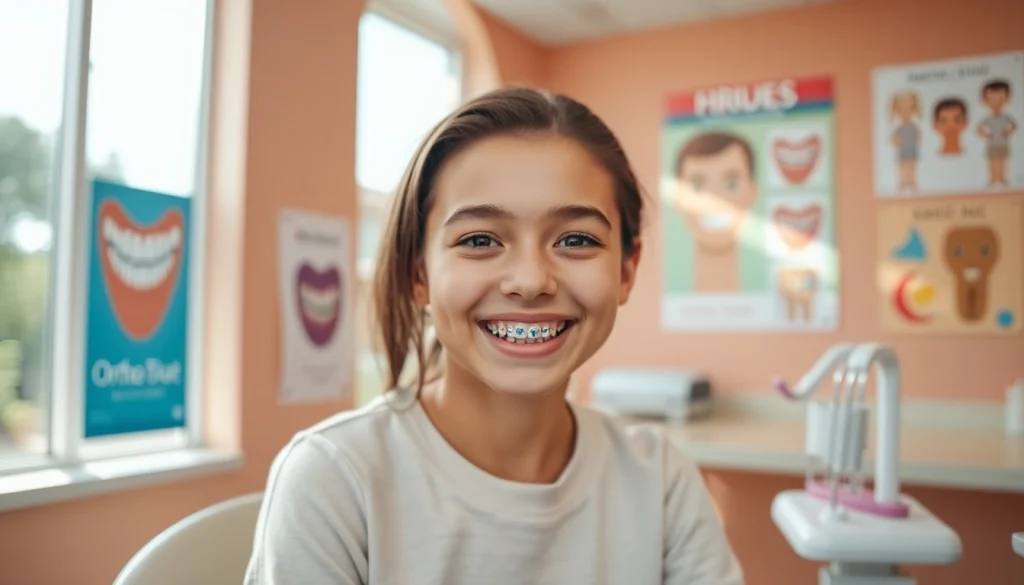 Teenager smiling with braces for teenagers Hawthorn in a bright orthodontic office.