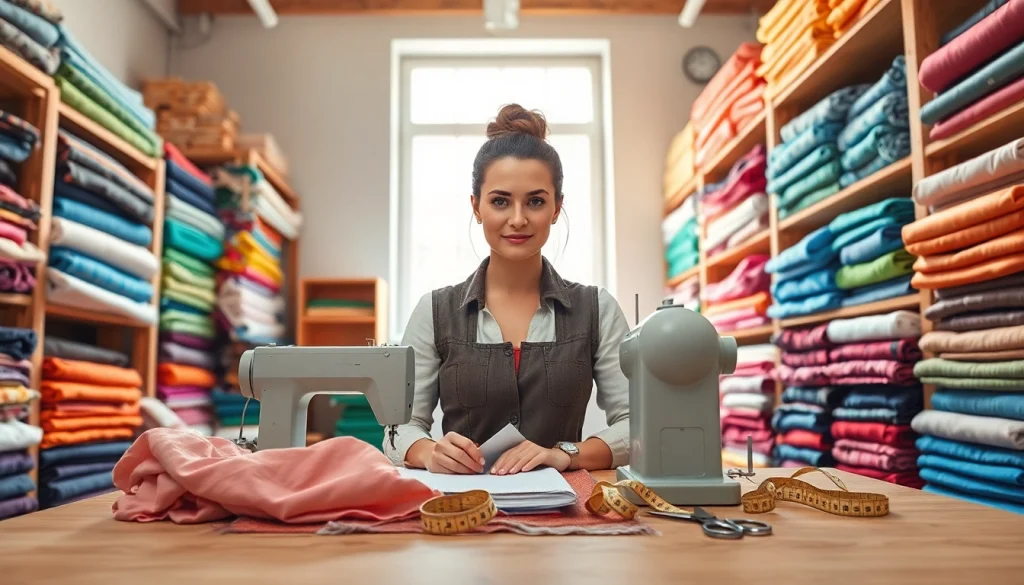Koop katoenen stof per meter in een levendige naaiwerkplaats vol prachtige stoffen.