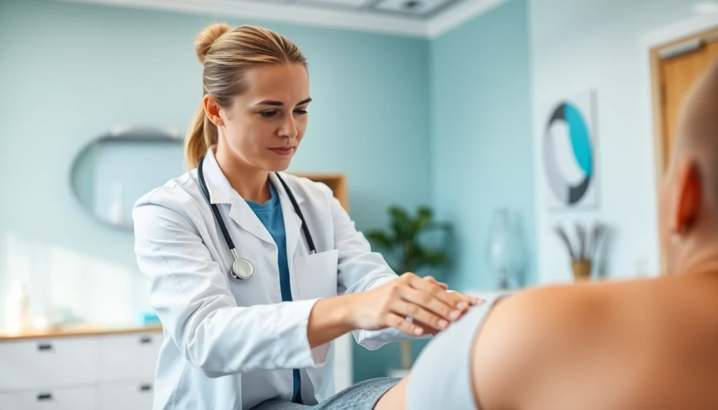 Engaging physiotherapy session in North Side Edmonton physiotherapy clinic with caring therapist.