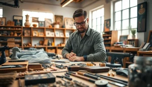 레플리카 아트워크와 도구가 있는 창의적인 스튜디오 내부 모습