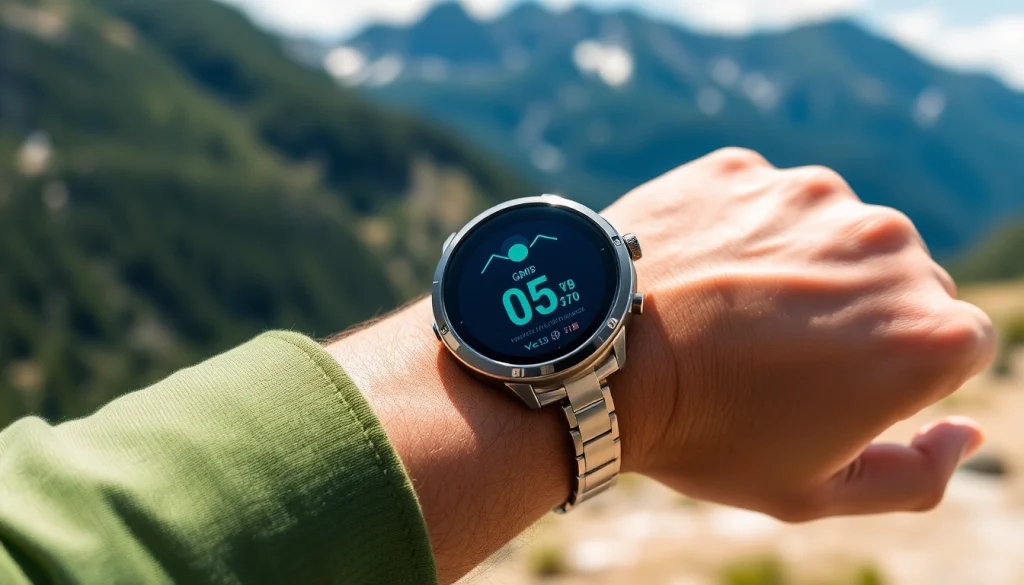 A person using an Explorer GPS Smart Watch in an outdoor setting, showcasing its advanced features.