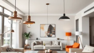 Shop ModernLighting showcases elegant fixtures in a bright, stylish living room setting.