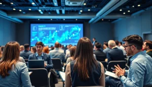 Attendees engaging in discussions at an AI and emerging technology conference with visuals of innovation.