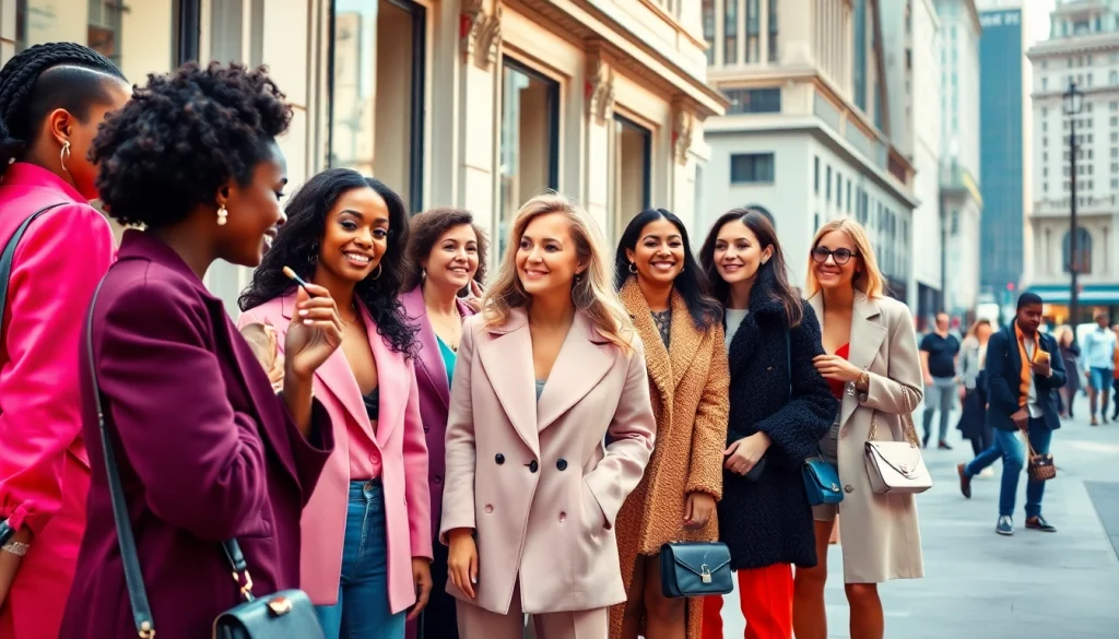 Showcasing beauty and style through diverse individuals exhibiting vibrant fashion trends in an urban setting.