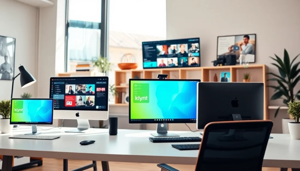 Klynt software interface in a modern digital workspace, promoting multimedia creation.