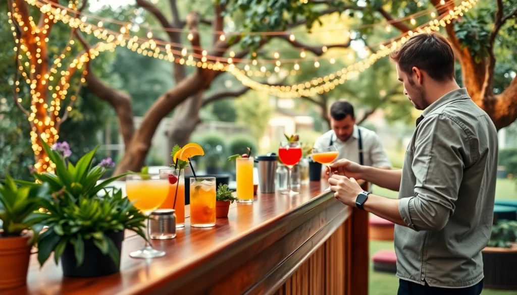 Mobile bar service offering colorful cocktails at a vibrant outdoor event.
