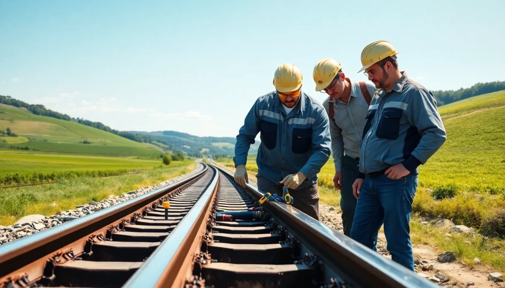 Engineers engaged in railroad engineering inspection, showcasing precision and teamwork.