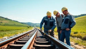 Engineers engaged in railroad engineering inspection, showcasing precision and teamwork.