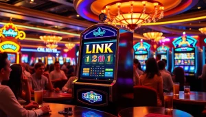 Mainkan link slot demo dengan mesin slot canggih yang dikelilingi pemain bersemangat.