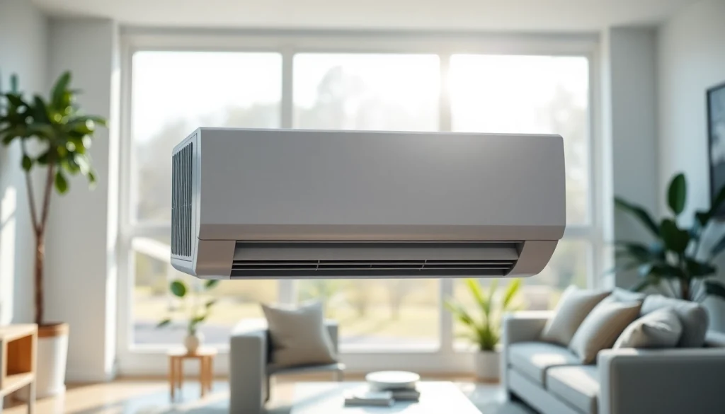 Highlighting the sleek design of the American Standard AC unit in a modern living room setting.