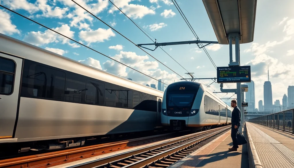 Showcase of rail systems with modern trains and a commuter at a vibrant city platform.
