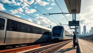 Showcase of rail systems with modern trains and a commuter at a vibrant city platform.