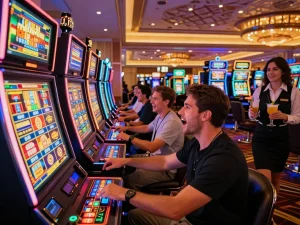 Player celebrating a win at vibrant slot gacor hari ini machines in a bustling casino.
