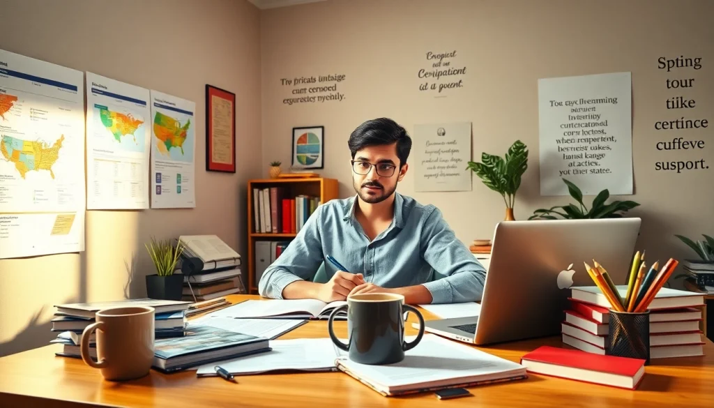 Engaging scene of certification exam support with a student studying in a bright, organized workspace.