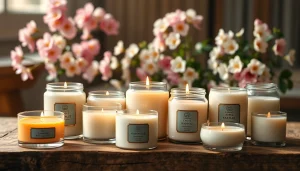 Mirisne svece sa različitim oblicima i bojama na drvenom stolu.