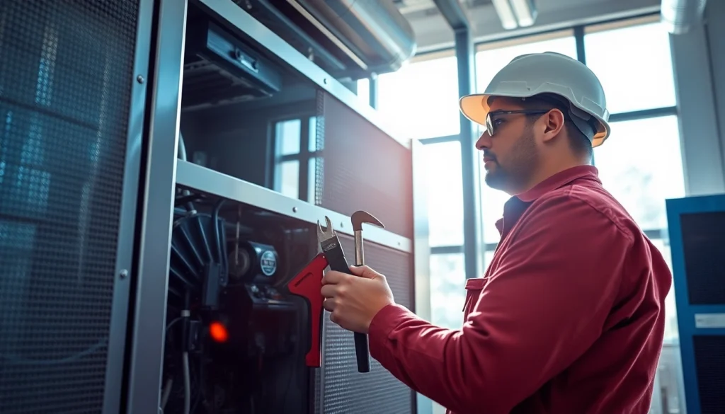 Technician conducting emergency HVAC repair in a modern mechanical room with tools.