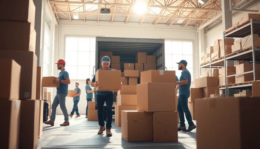 Effective province to province movers packing items professionally in a bright warehouse.