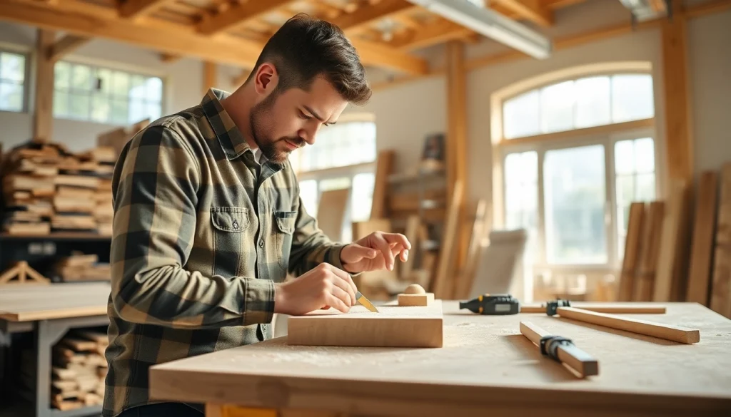 Skilled carpenter crafting woodwork with precision tools in a bright workshop.