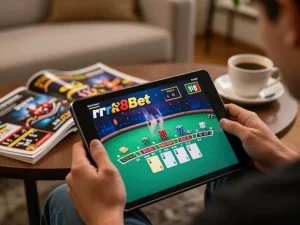 A player enjoying rr88bet casino games on a tablet, revealing a live dealer blackjack game