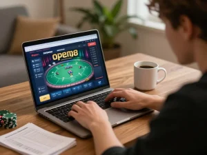 Engaging gameplay at open888 online casino with player analyzing poker strategy at home
