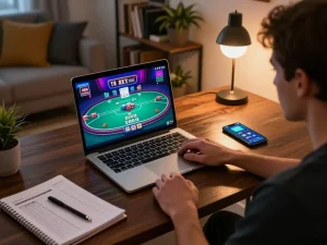 Player immersed in online poker strategy while using NHÀ CÁI CM88 gaming app on laptop, cozy setup.