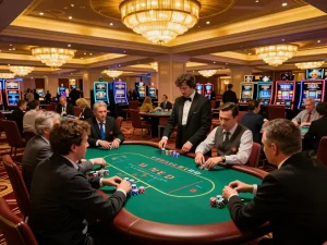 KK55 players engaged in high-stakes poker on a luxurious casino floor.