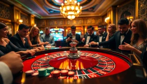 yyrr bermain di meja roulette kasino dengan meja berwarna cerah dan suasana berenergi.