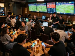 Engaging sports betting scene with patrons tracking kèo nhà cái updates on mobile devices.