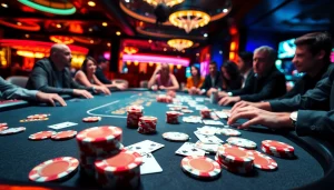 Spieler beim online casino spielen an einem spannenden Pokertisch voller Chips.
