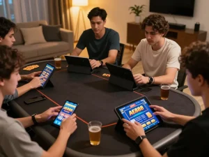 NHÀ CÁI AE888 players engaging in interactive online betting via stylish devices in a cozy home setup.