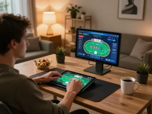 Engaging with NHÀ CÁI TR88 on a tablet, enjoying a home poker game.