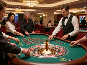Engaging roulette gameplay scene at 888 VI casino, with players placing bets and excitement in the air.