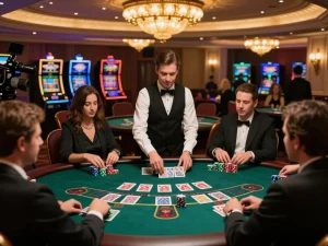 FC88 players intensely bet at a baccarat table in an upscale casino environment.