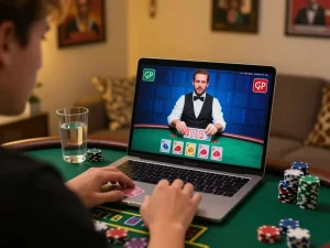 SAY88 engaging in live dealer blackjack online at home with strategic gameplay