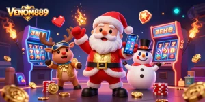 VENOM889 features a festive casino scene with Santa holding jackpot slots and vibrant game elements.