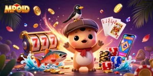 MPOID showcases a lively scene with Nessie and friends amidst vibrant casino elements, spinning reels, and coins.