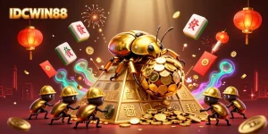 Engage with luck at IDCWIN88's vibrant virtual casino featuring golden coins and playful characters.