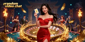 Engage in random video chat with stunning visuals of a casino setting featuring animated characters and elements.