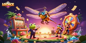LGOACE offers thrilling casino excitement with dynamic scenes of slot machines and a frog dealer amidst vibrant game elements.