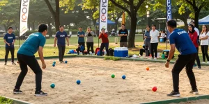 Permainan petanque komunitas yang diorganisir oleh fopikotabalikpap.org di taman kota Balikpapan, dengan suasana bahagia.