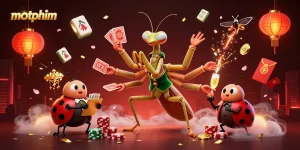 motphim showcases a vibrant casino scene with a giant mantis dealing winning cards amidst colorful game elements, enhancing player excitement.