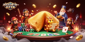 オンラインポーカー おすすめを楽しむ、豪華なポーカーセッティングとキャラクターの魅力的なイラストです。