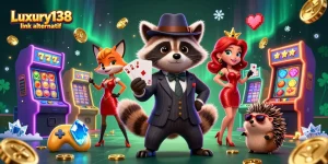 Engage with Luxury138 link alternatif in a vibrant casino scene featuring a raccoon, fox, and hedgehog with slot reels.