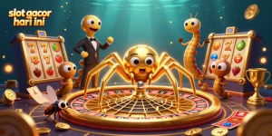 Bet on slot gacor hari ini with a cartoon spider and centipede in a dynamic casino scene.