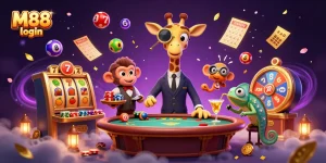 M88 login offers top-tier casino action as a giraffe and monkey valet engage in a vibrant gaming scene.