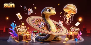 Experience thrilling gaming action at sun-themed casino with roulette and playful astronauts.