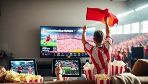 Streaming bolakami world cup dengan penggemar bersemangat di latar belakang stadion.
