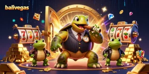 Balivegas menghadirkan aksi mendebarkan dengan simbol slot dan tokoh kasino dalam ilustrasi 3D.