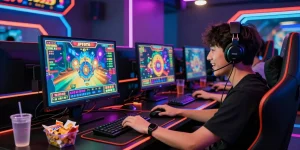 Exciting player immersed in JPTOTO online slot gaming experience.
