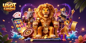 Gioca nei migliori usdt casino con un re leone, un elefante e un ghepardo, circondati da giochi e monete.